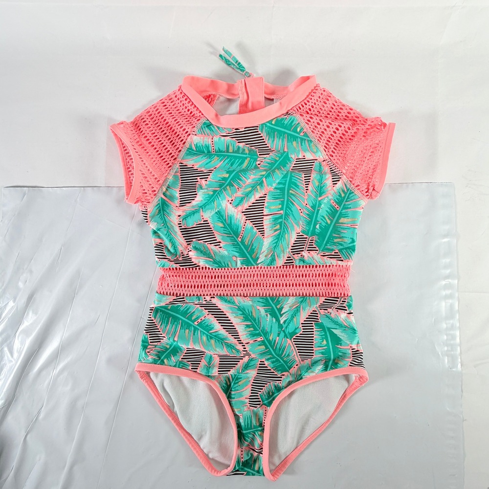 Girls Palm‎ Leaf One Piece Rash Guard Swimsuit Pink Mesh Green